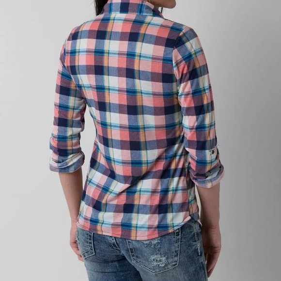 Women's Size L Passport Pink Blue Flannel Button Down Plaid Shirt - Picture 2 of 6